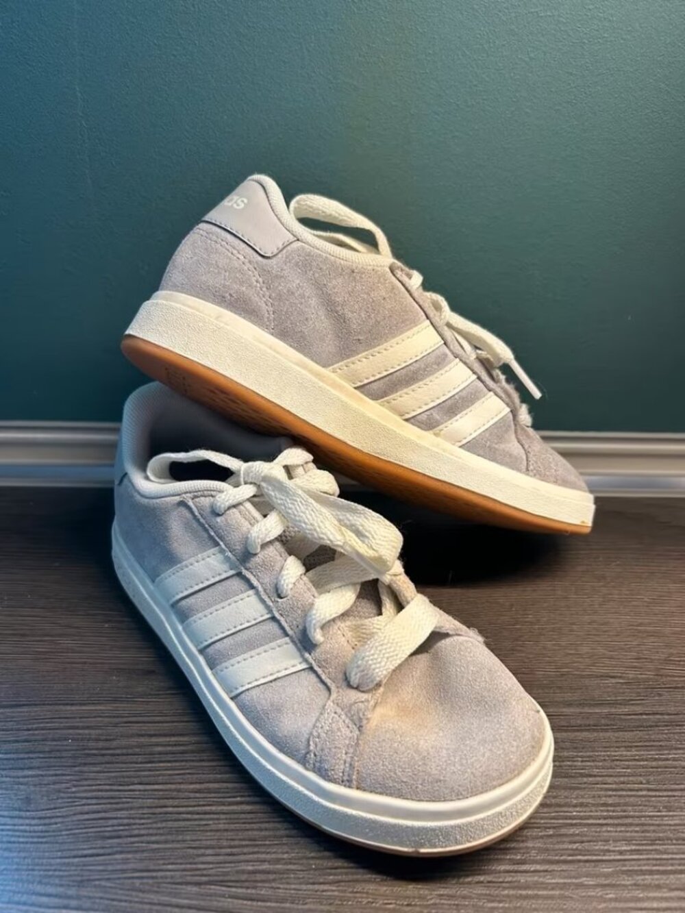 Adidas Kids' Grey Suede Sneakers — US Youth Size 2, Excellent Condition